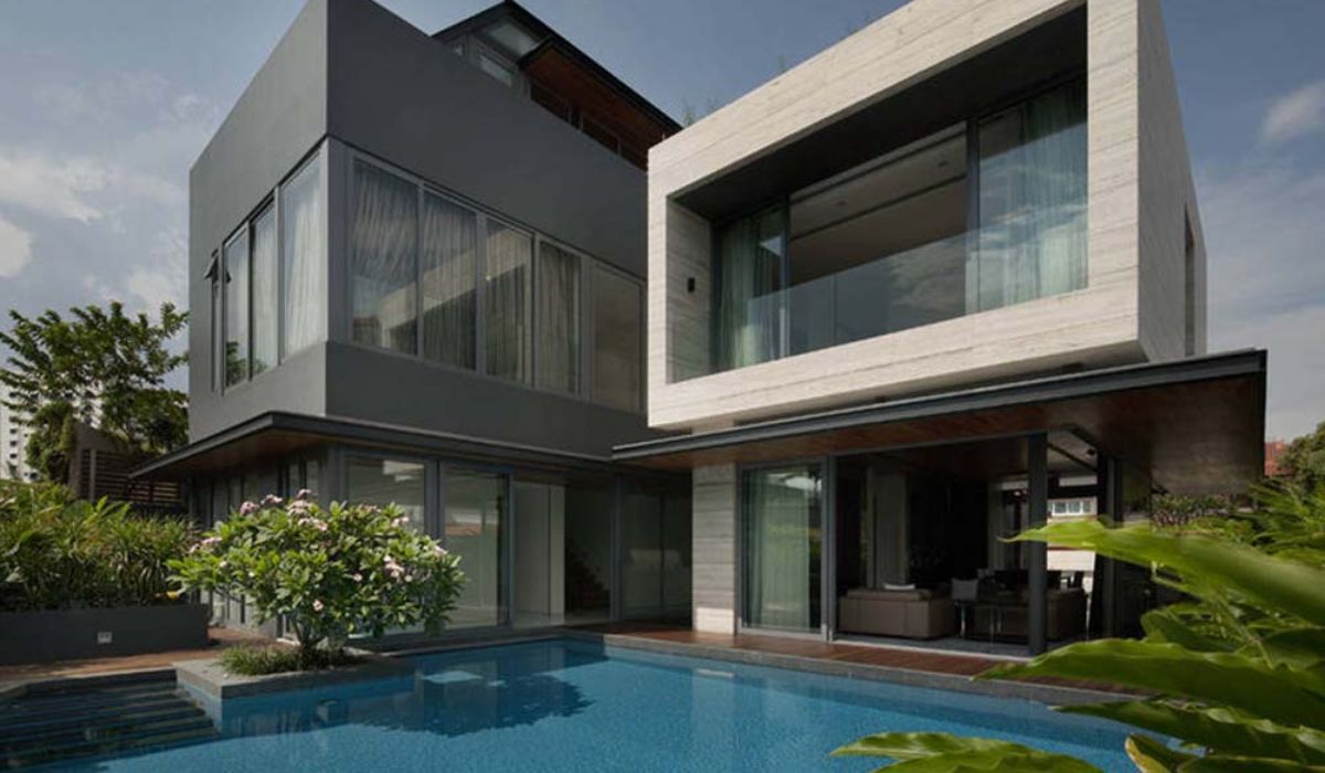 beautiful modern home with a pool
